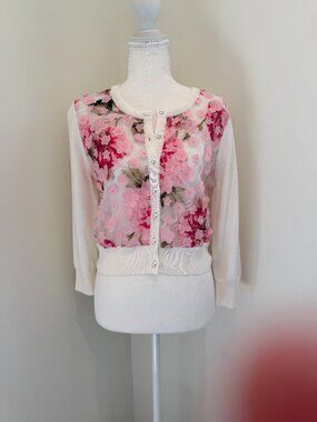 Karl Lagerfeld Paris White Cropped Cardigan Sweater with Pink 3D Flower Appliqué